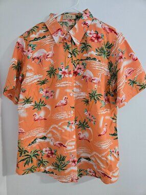 Women’s Hawaiian Shirt Size Large Flamingo Print Short Sleeve Button Down Beach